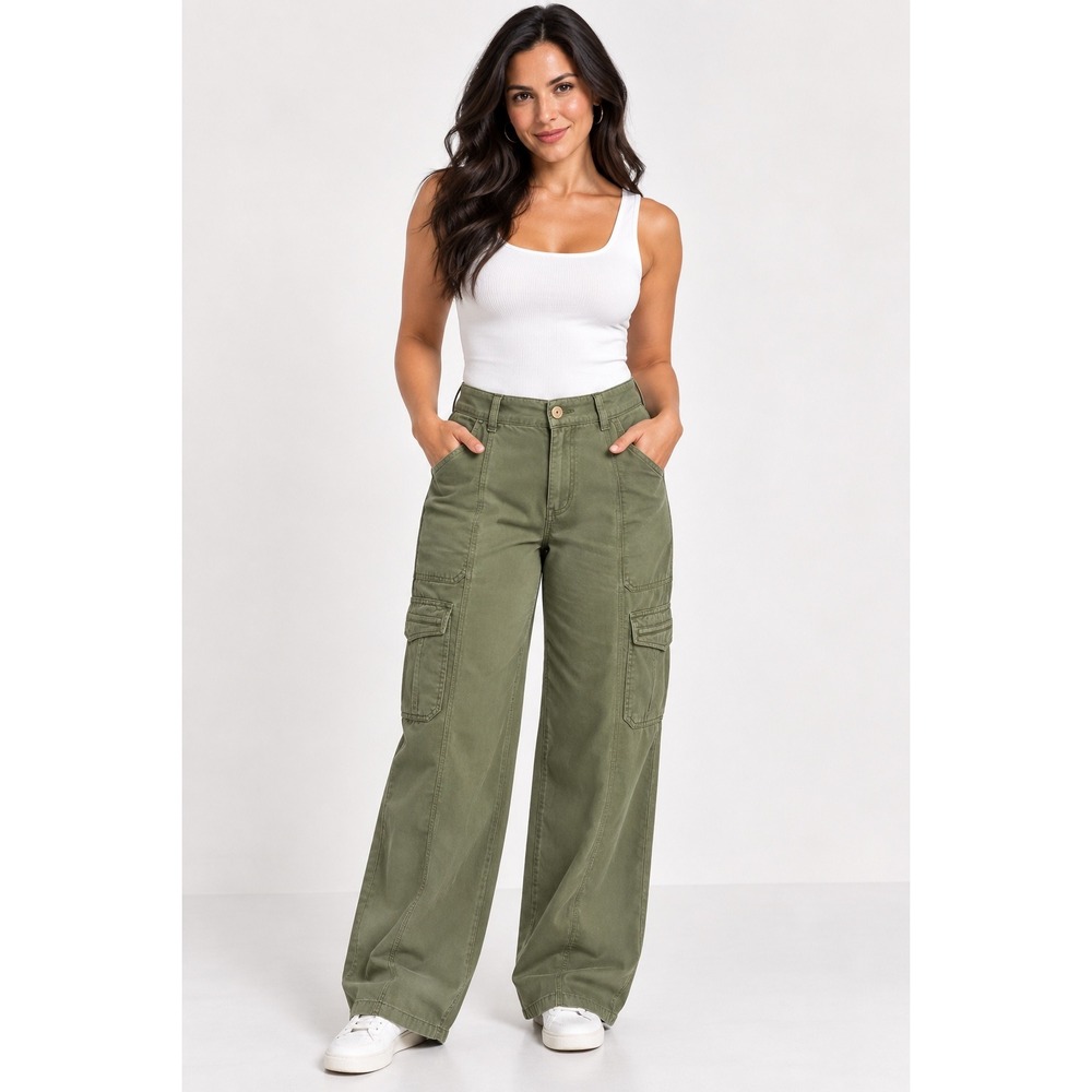 Maurices Olive Green Wide Leg Cargo Pants High Rise Utility Trousers 12 Reg